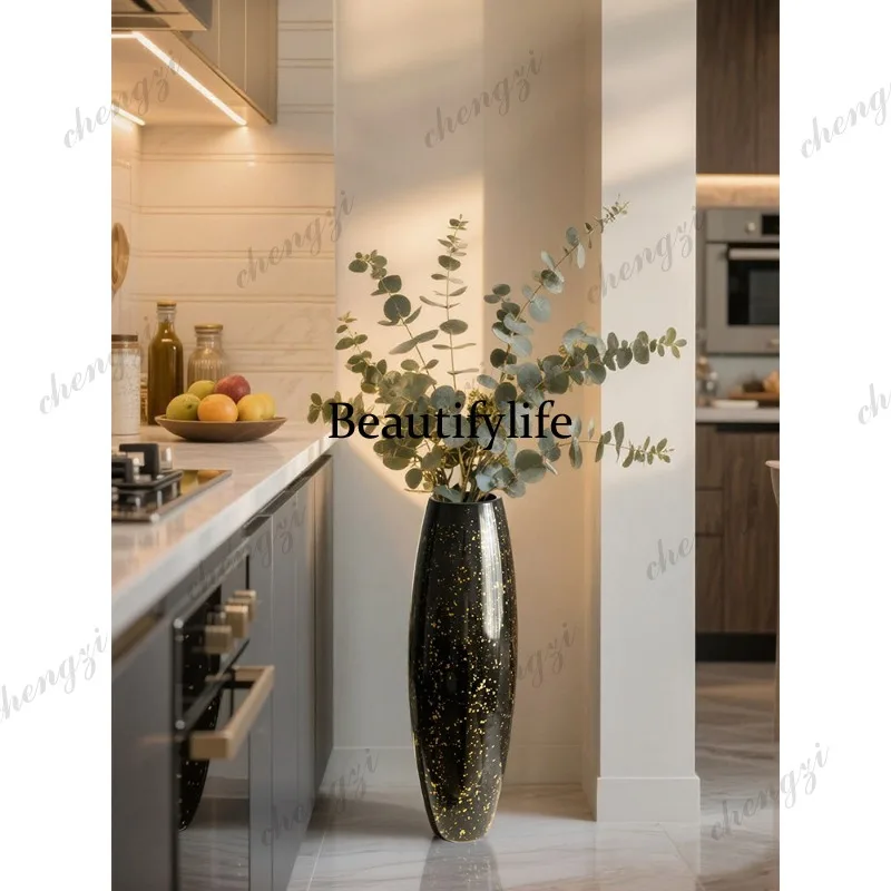 floor-to-ceiling vase glass transparent black flower arrangement long branch light luxury living room flower arrangement large