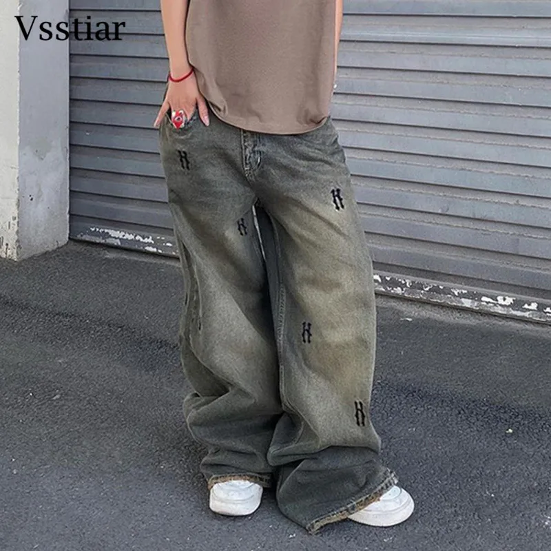 Vsstiar Fashion Streetwear Embroidery Letter Women Pants Vintage Low Waist Pockets Hip Hop Wide Leg Pants Casual Lady Trousers