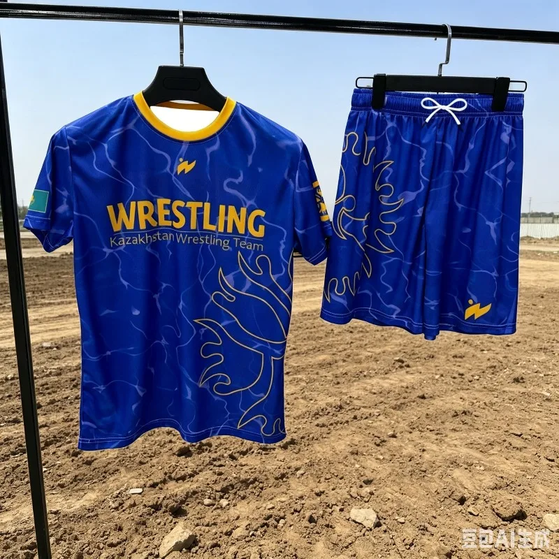 Tenue de lutte pour l'équipe du Kazakhstan 2026, unisexe, à séchage rapide, avec manches courtes et short, idéale pour l'entraînement physique