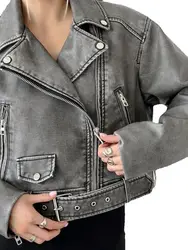 Women's Retro Vintage Washed Faux Leather PU Short Jackets Belt Female Luxury Moto Biker Pocket Loose Fit High Street Coats Tops