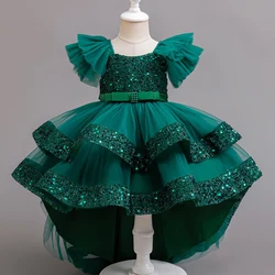 HETISO New Year Casual Dress for Girls Green Sequined Children Wedding Party Dresses Elegant Festive Kid Costume 3-10 Years