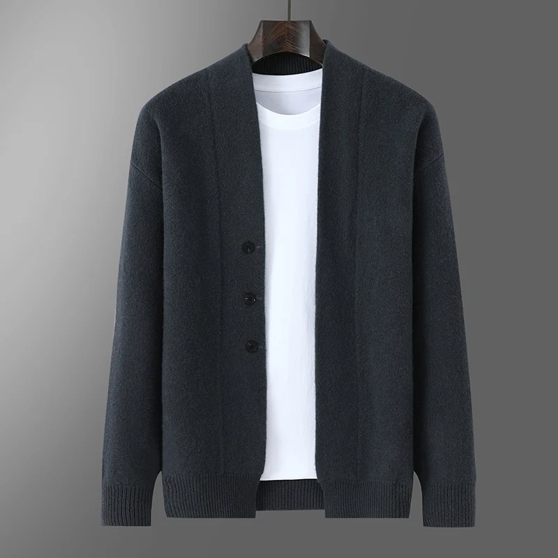 2025 Autumn Winter New Thick Cardigan 100% Pure Wool Men's Versatile Jacket V-Neck Loose Casual Highend Knitted Cashmere Sweater
