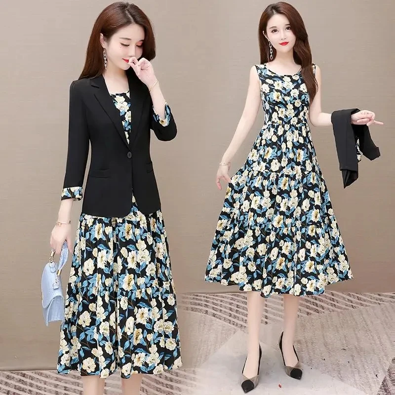 Elegant Fashion Floral Dress Suits 5Xl 4Xl Plus Size Women 2 Piece Set Korean Style Thin Blazer And Midi Sleeveless Dresses sets