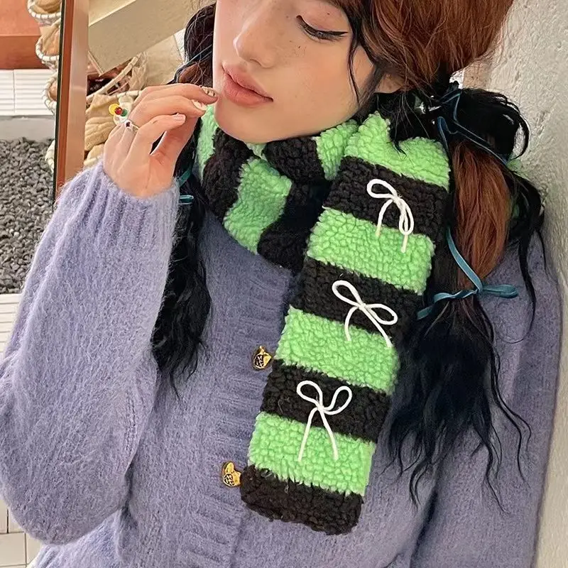 Y2k Aesthetic Girl Long Scarves Japanese Basic Scarf Gothic Contrast Color Stripe Women Harajuku Lamb Wool Sweet Bow Neckerchief