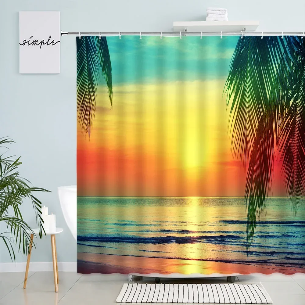 Beach Shower Curtains Tropical Palm Leaves Dusk Ocean Hawaii Vacation Nature Scenery Modern Fabric Home Bathroom Decor Set Hooks