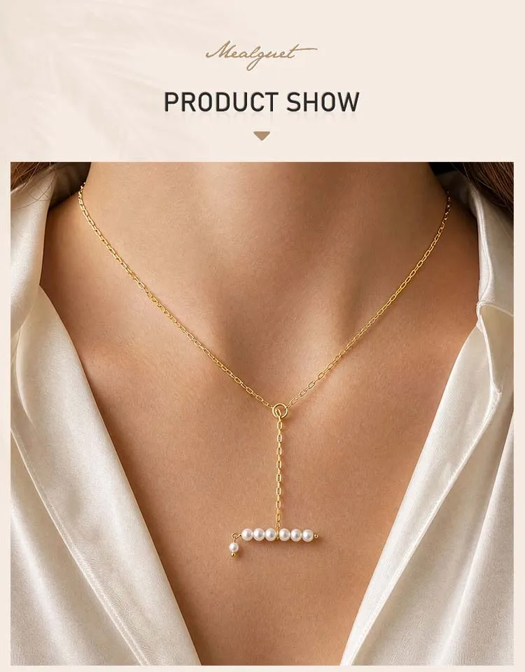 Perlen-Balken-Y-Halskette, 18K vergoldeter Edelstahl, hypoallergener Lariat-Ketten-Schmuck – Detail 1