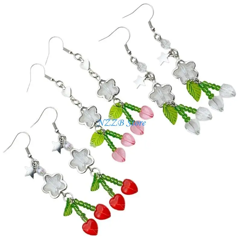 

T21F 3 Pairs Flower and Cherry Ear Hooks Colorful Dangle Earrings Ears Accessories