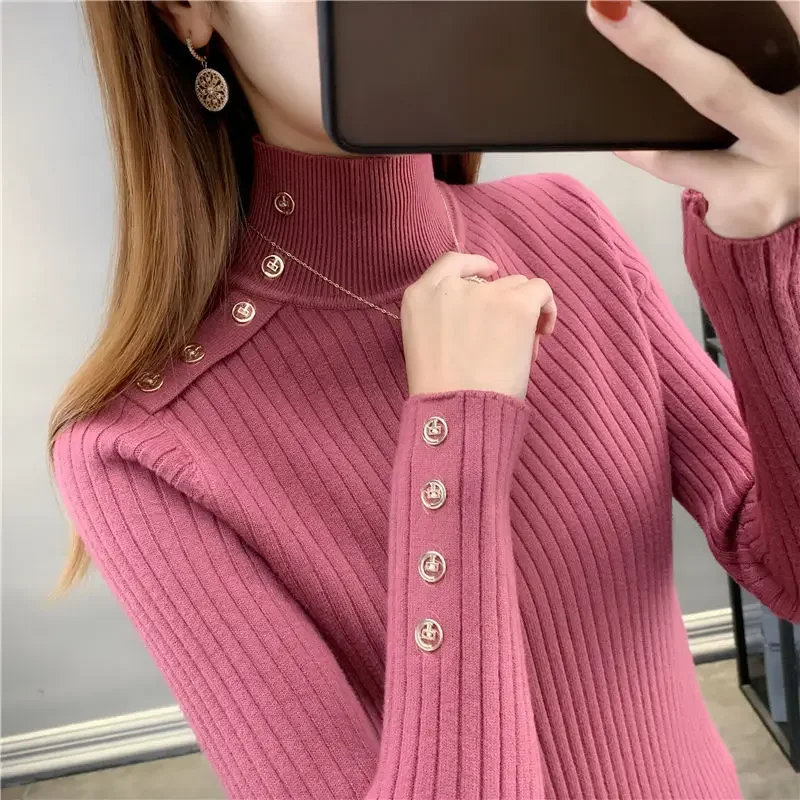 Women's Clothing Half High Collar Screw Thread Solid Color Pullover Long Sleeve Button Sweater Knitted Casual  B270