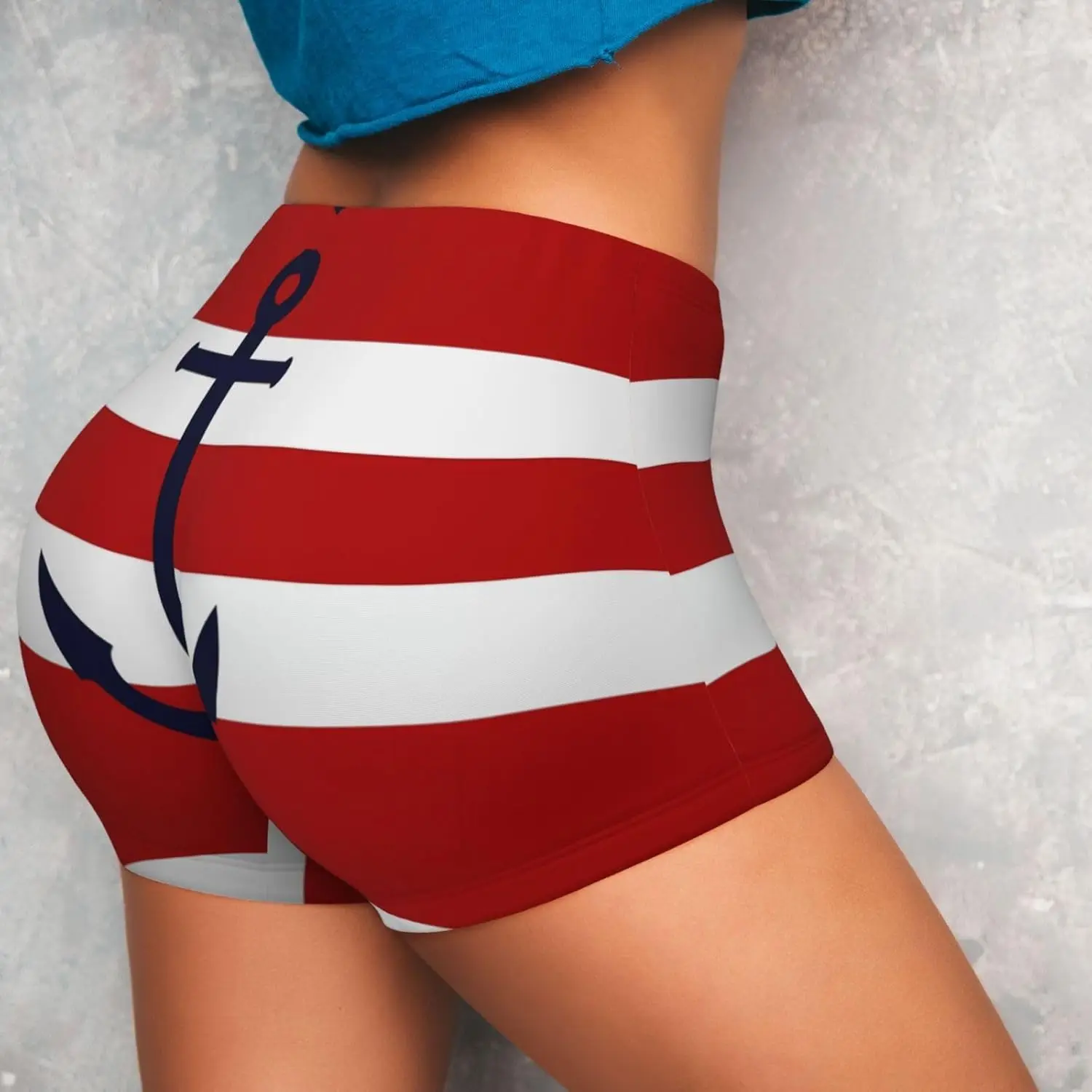 

Женские шорты для тренировок в красно-белую полоску с якорными полосками, шорты для йоги, эластичные спортивные короткие брюки для фитнеса