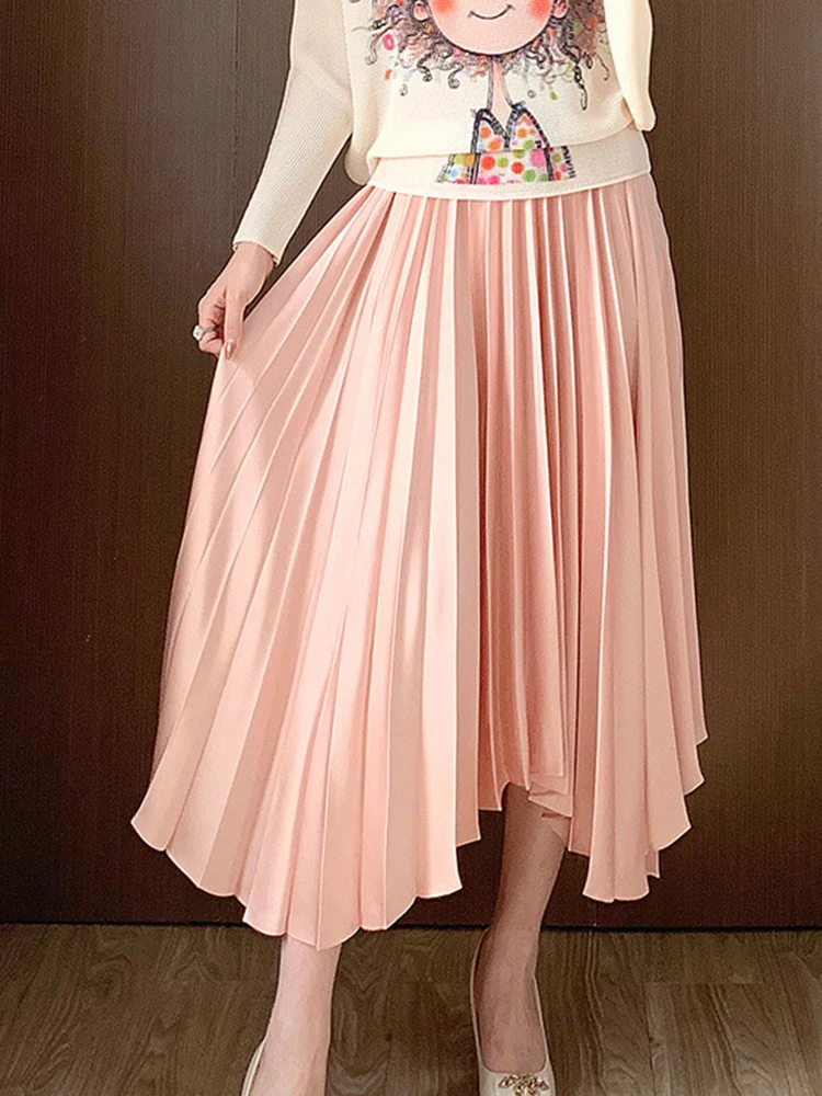 LANMREM Irregular Design Pleated Skirt For Women High Waist A-line Solid Color Mid Length Skirts Casual 2024 Summer New 2AA5221