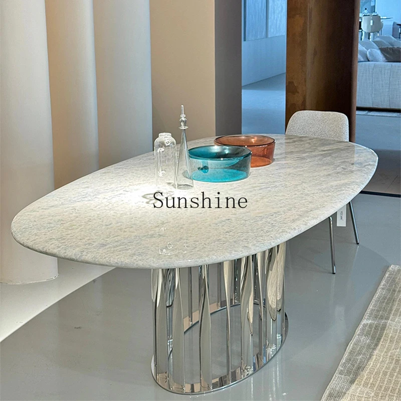 Blue crystal natural marble light luxury high-end design oval dining table simple