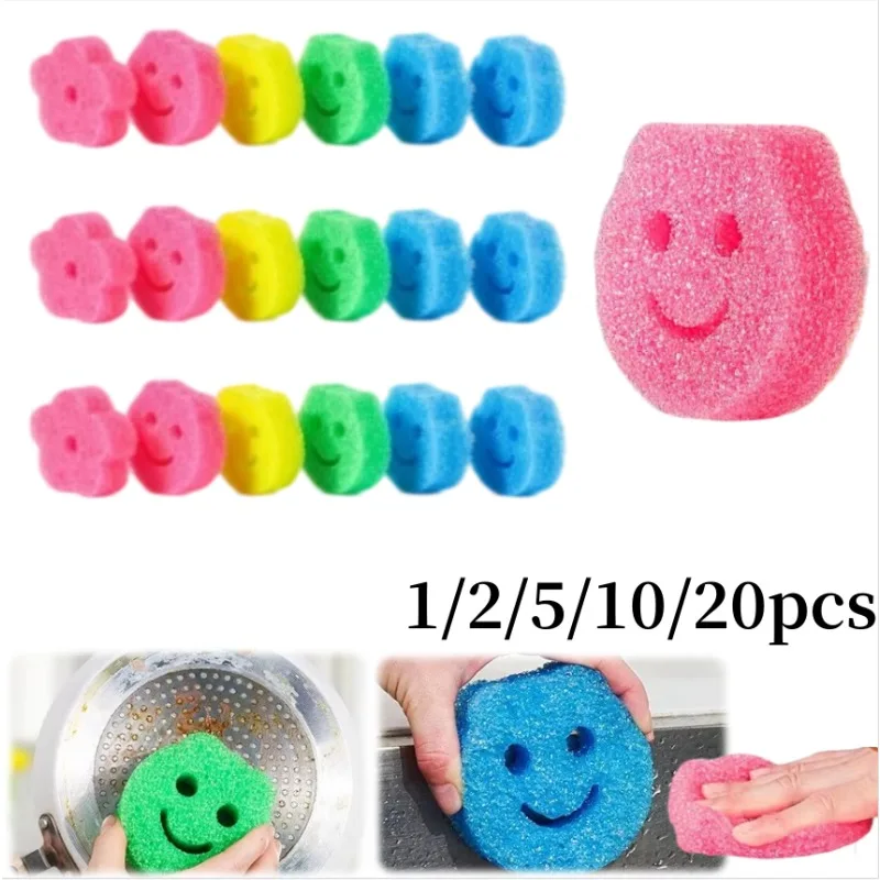 1-20pcs Kitchen Sponge Brushes Smiling Face Dishwashing Sponge Cloth Powerful Scouring Pad Strong Stain-removing for Glass Stove