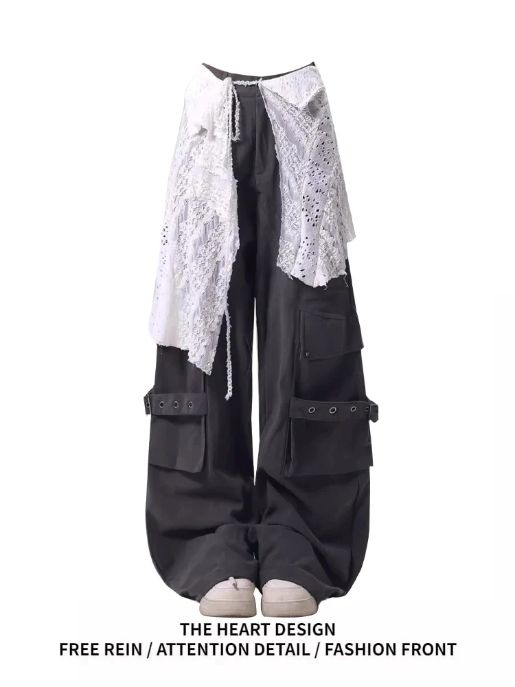 

American Sle Sweet Cool Lace Design Sexy Girl Work Pants Women Summer Loose New Floor-Length Pants High Waist Straight Leg