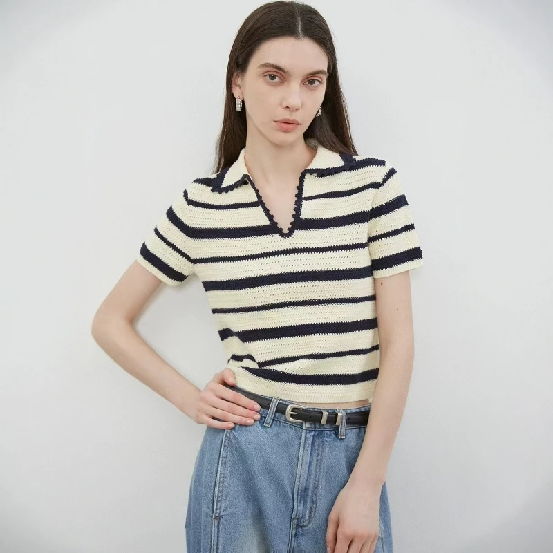 

Футболка ручной работы с цветочным принтом на крючках и полосатым дизайном V-Ne, повседневный удобный топ из смеси хлопка