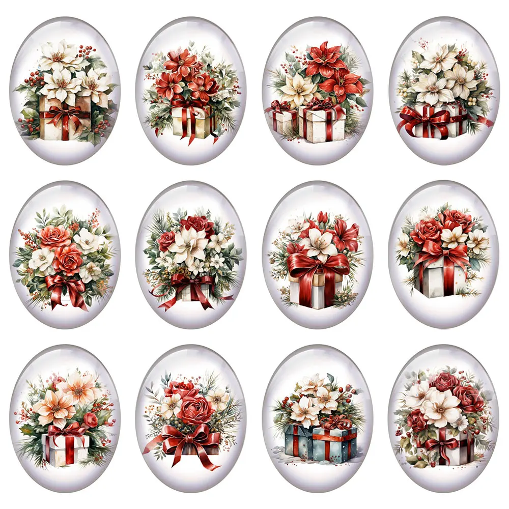 10pcs/lot Christmas X-mas Winter Flower Oval Photo Glass Cabochon Charms Flatback Demo Flat Back Cameo For Diy Jewelry Making