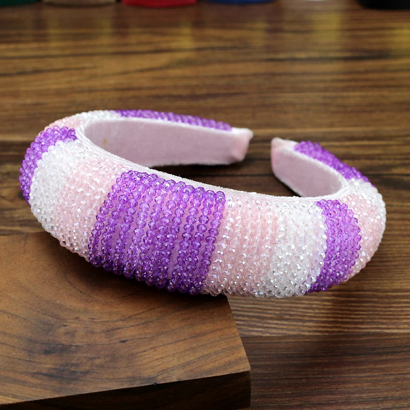 

Handmade Big Padded Headbands Luxury Full AB Purple Crystal Beaded Hairbands For Women Hair Ornaments
