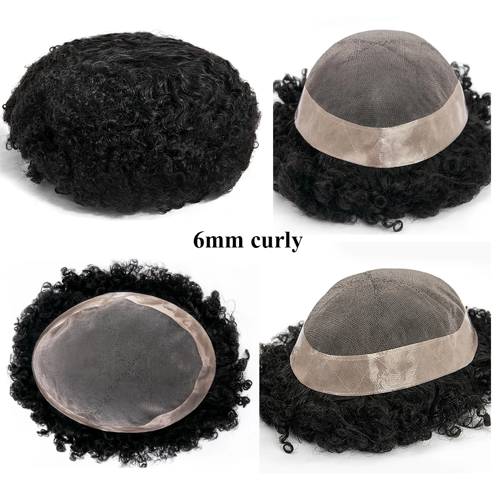 QHP Men Capillary Prosthesis Fine Mono Npu Toupee Straight Curly Human Hair Wig Man Durable Natural Hair Replacement Systems