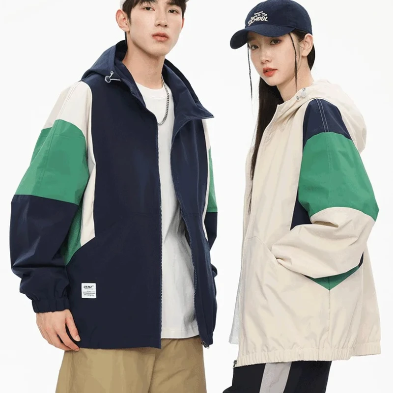 

Couple Waterproof Jacket Women Oversized Y2k Harajuku Zip Up Windbreaker Patchwork Jackets Autumn Streetwear Hooded Coats Women