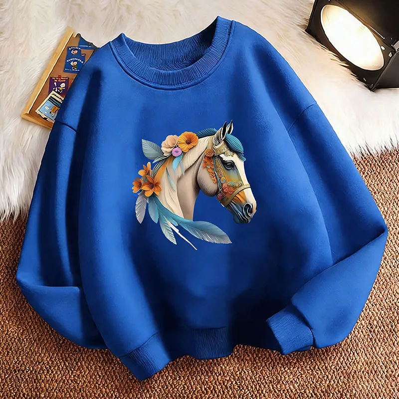 Lustiger Kinder-Sweatshirt-Pullover mit Retro-Pferdemotiv, Rundhalsausschnitt, Grafikdruck, Kapuzenpullover für Jungen/Mädchen, Kinder-Kapuzenpullover