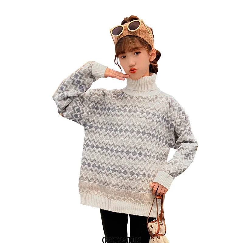 

Kids Long Geometry Turtleneck Sweater For Girl From 5 7 9 10 to 12 14 Years Old Child Rhombus Knitwear Spring Knitted Clothes