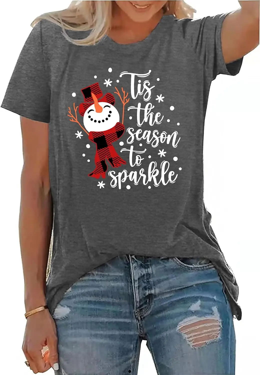 Christmas Snowman Shirt for Women Tis The Season to Sparkle Xmas T-Shirts Graphic Plaid Holiday Blouse Tops Gray