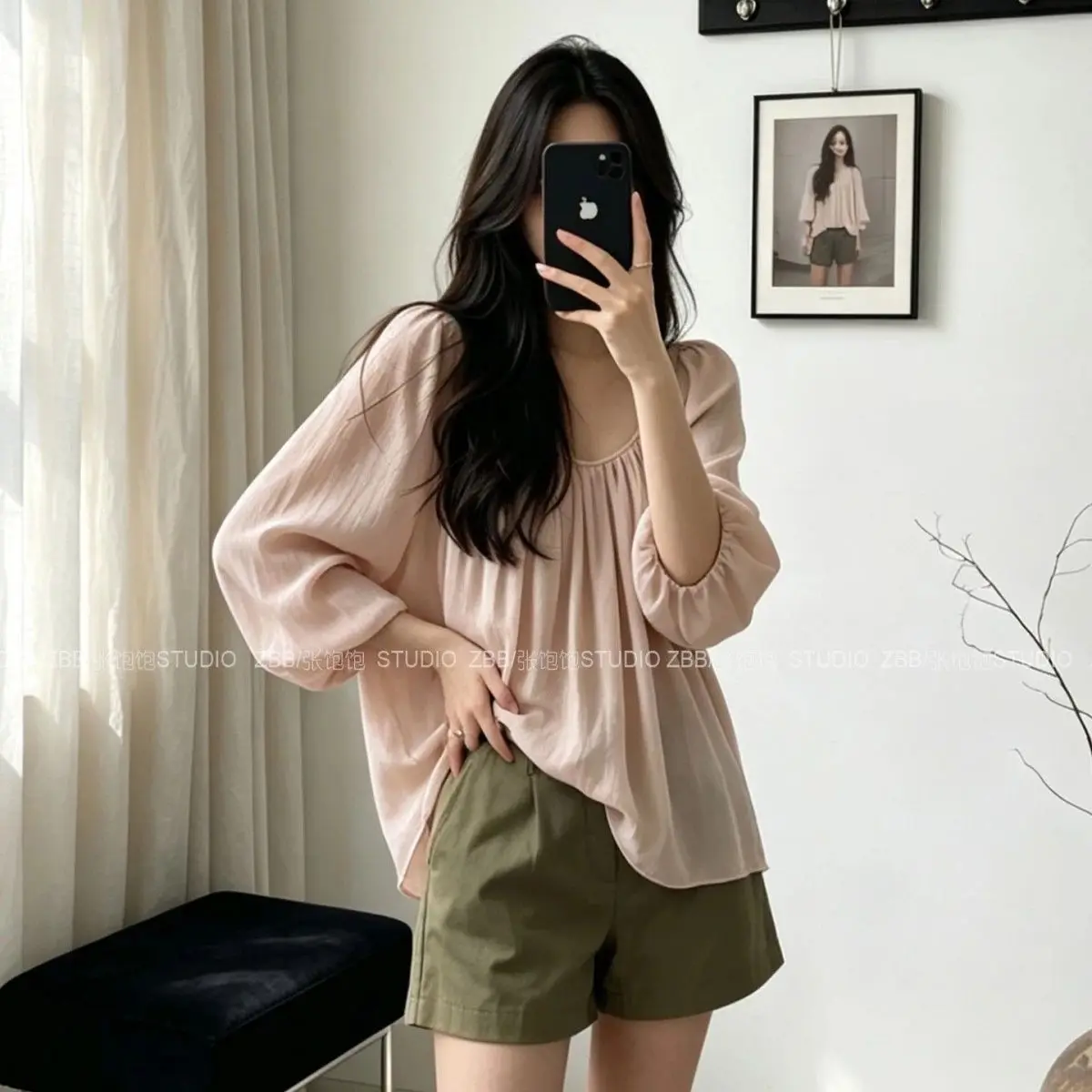 Women Summer Shirt Wide Hem Pleated Chiffon Top Solid Color Round Neck Short Sleeve Loose Fit Blouse Top