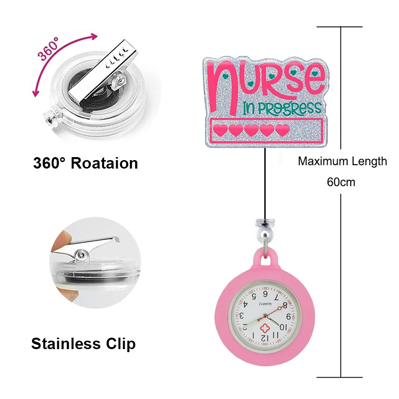 YIJIA 360° Rotation Clip Cartoon Heart  Hospital Medical Supply Retractable FOB Nurse Doctor Pocket Watches