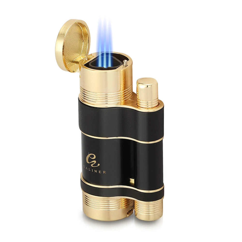 GALINER Luxury Metal Cigar Lighter With Drill Punch Smoking Accessories Windproof 3 Jet Torch Flame Fire Lighters