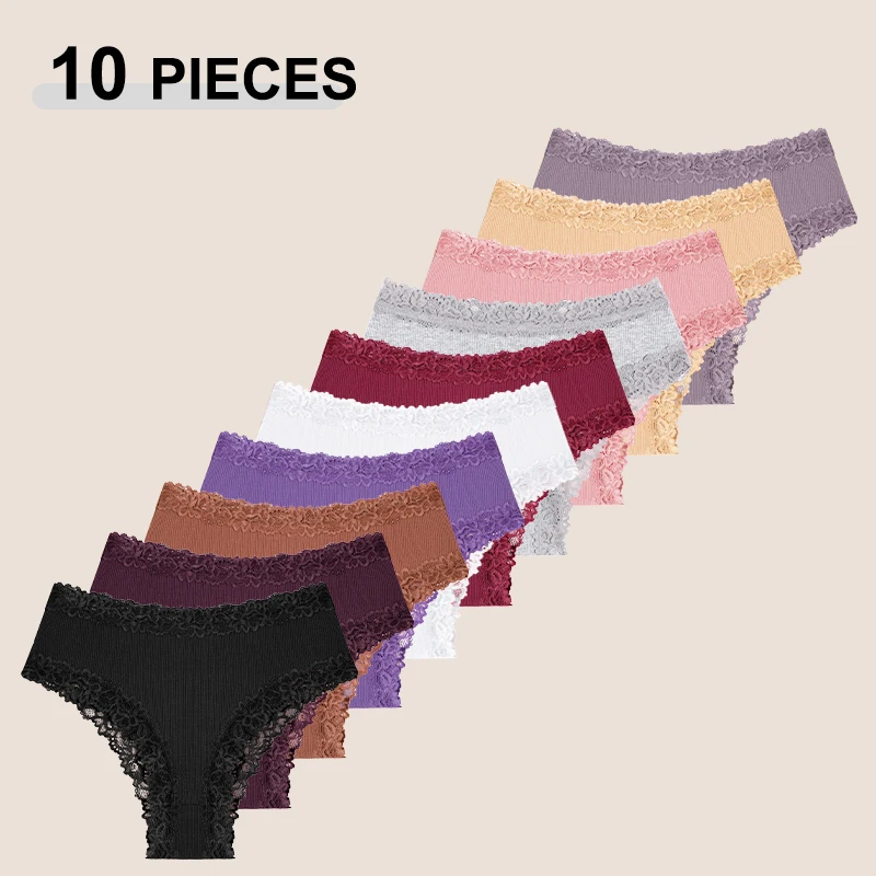 10 Stück Damen-Baumwollslips, nahtlos, einfarbig, Patchwork-Spitze, hohe Taille, weiche, bequeme Bikini-Unterwäsche, Dessous