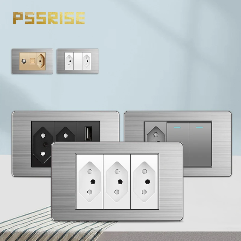 

PSSRISE Brazil Wall Switch Socket with 5V 2.1A USB Type-c Charger Stainless Steel Panel Light Switch TV Computer Power Outlet