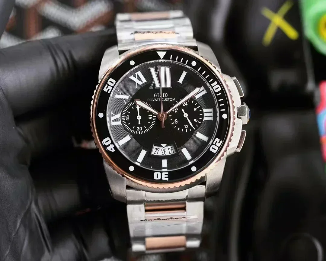 Luxury Mens QUARTZ นาฬิกาโครโนกราฟนาฬิกาจับเวลายางสีดํา Rose Gold สแตนเลส Luminous Sapphire ปฏิทิน