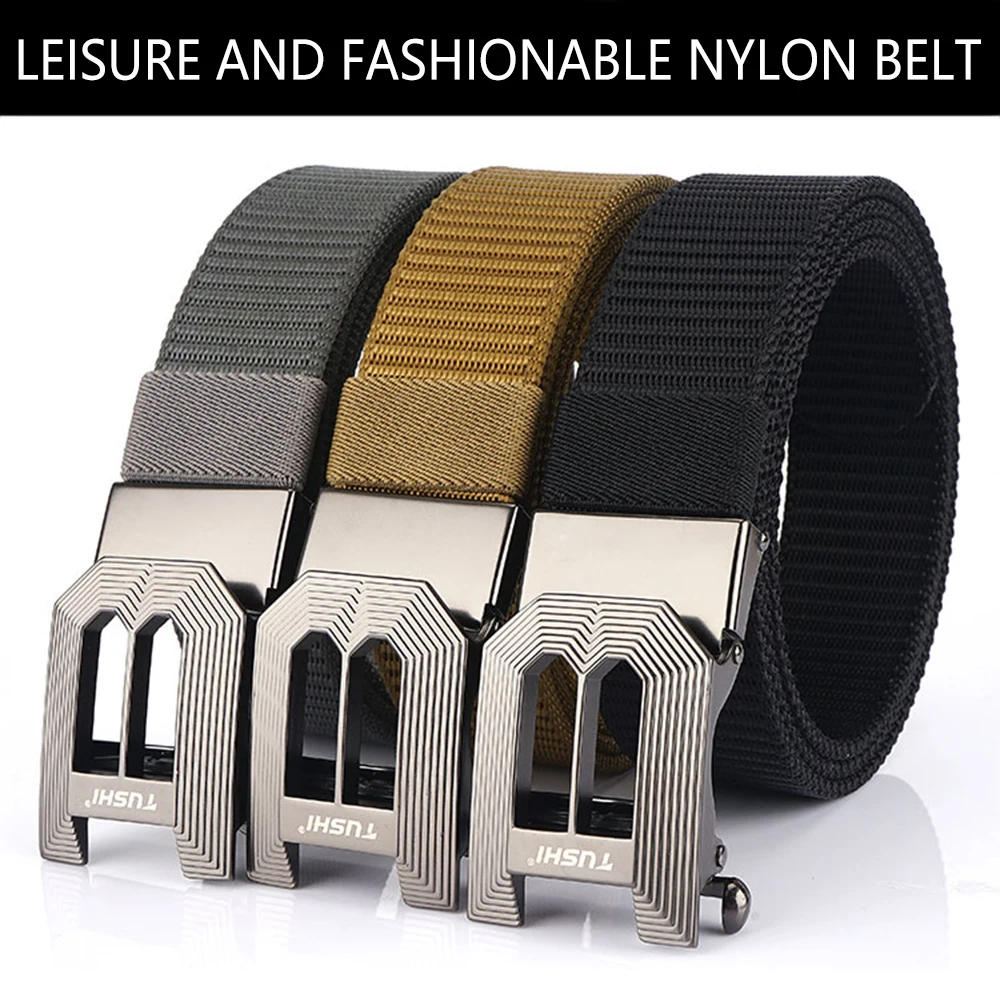 TUSHI Metal Automatic Buckle Nylon Male Army Outdoor Hunting Tactical Belt Mens Military Waist Canvas Belts High Quality Strap