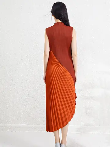 Women's Pleated Dress for Summer Length 125cm Sleeveless Half High Collar Asymmetrical Pleated Hem Soft Breathable Miyake Z7135