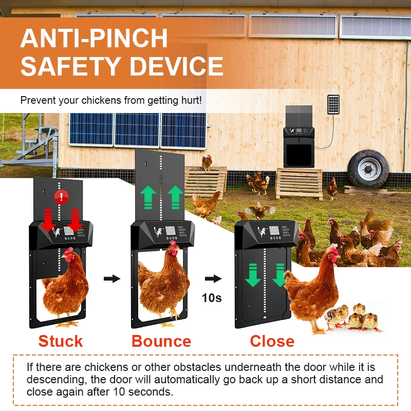 Upgrade solar powered automatic chicken coop door with LCD display, timer and remote control, four modes
