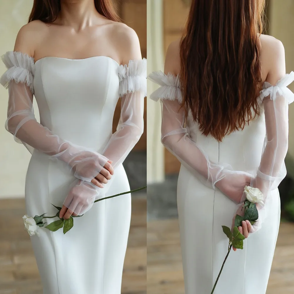 Korean Style Bridal Arm Sleeves Solid Color Breathable Wedding Long Sleeves Yarn Lightweight Pleated Lace Arm Covers Bridesmaids