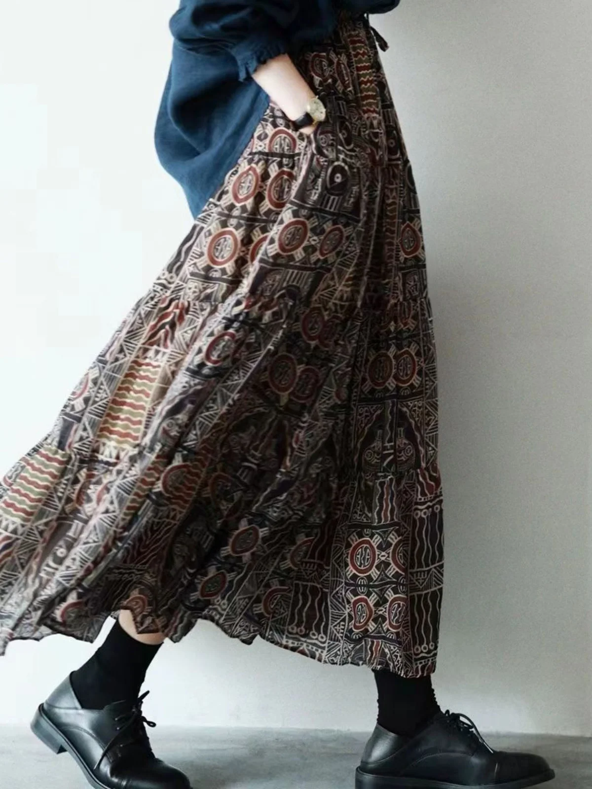 

Retro Print Double Layer A-Line Skirt plus Size Women's Faion Slimming Maxi Chop Silk f-length Skirts Casual High Waist