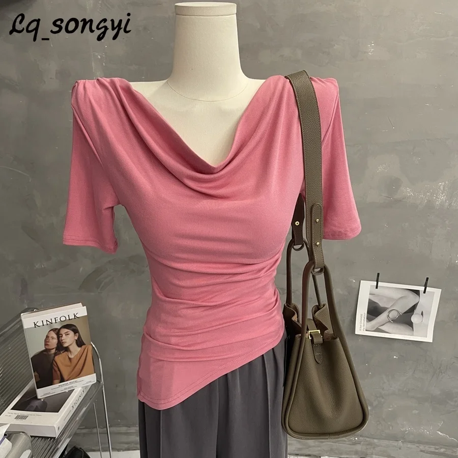 Lq_songyi-camisetas de manga corta con cuello plisado para mujer, Tops Pop coreanos, Top alto Irregular para mujer, camiseta elegante ajustada 2024