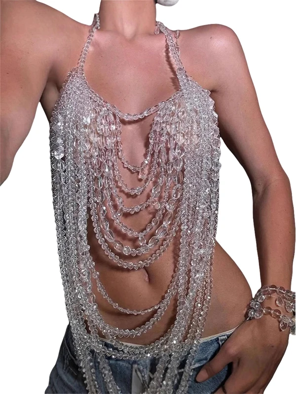 

Sexy Exaggerated Beaded Body Chain Top Club Night Outfit Cross-Border Women's Faion Trendy Vest Inner Wear V-Ne Hollow out