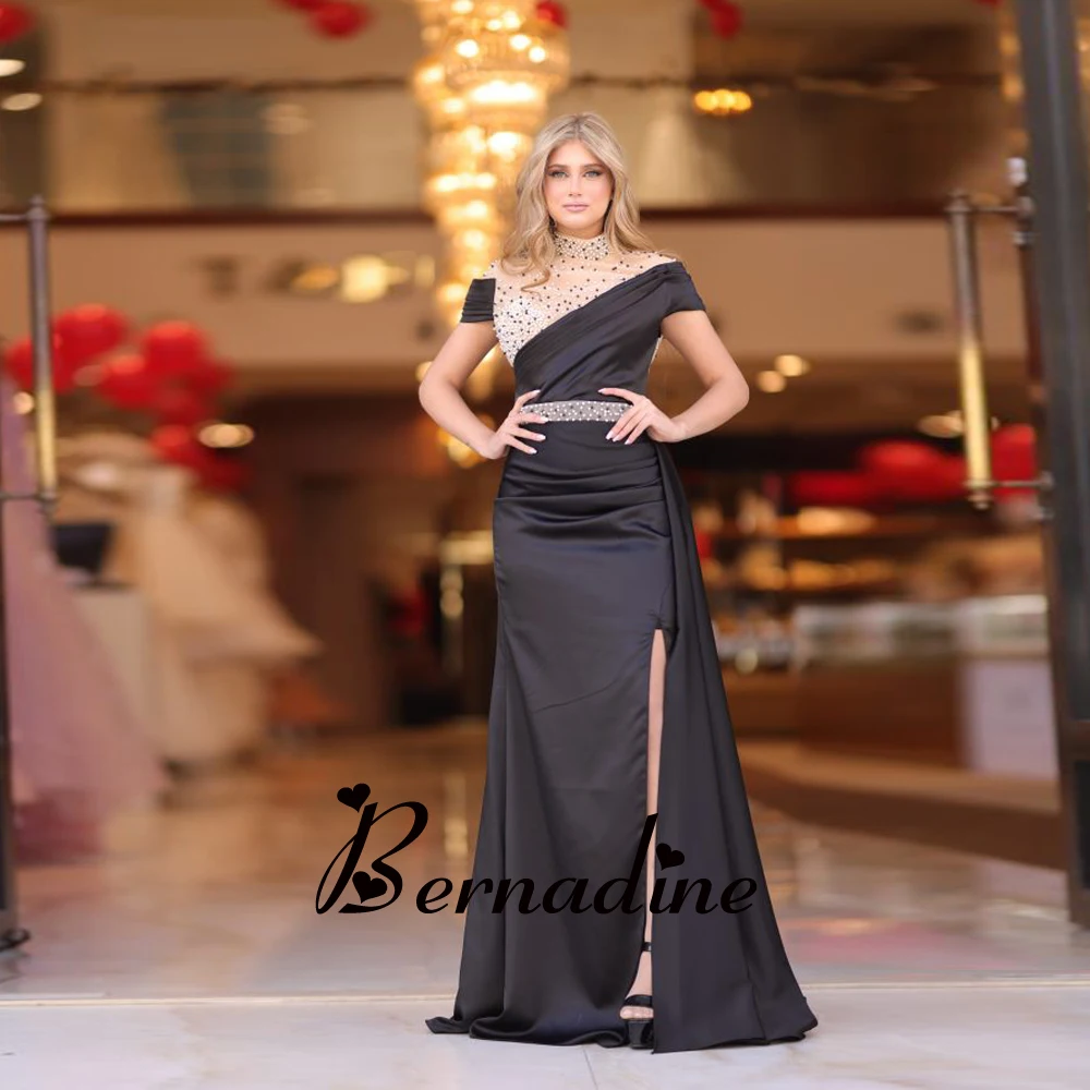 

Bernadine Graduation Dresses Trendy High Neck Prom Evening Dress Satin Slit Beadings Mermaid Sweep Train Vestidos De Novia 2024