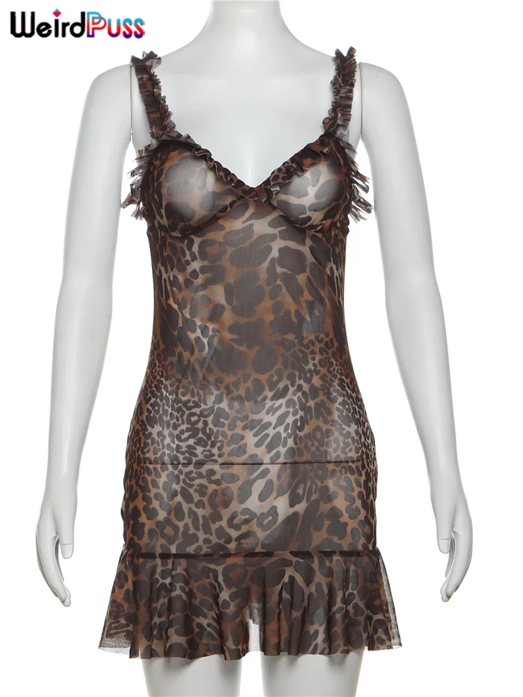 Weird Puss Leopard Print Dress Women See Through Lace V-Neck Sexy Sleeveless Skinny Summer Fashion Chic Ruffle Hem Mini Bodycon