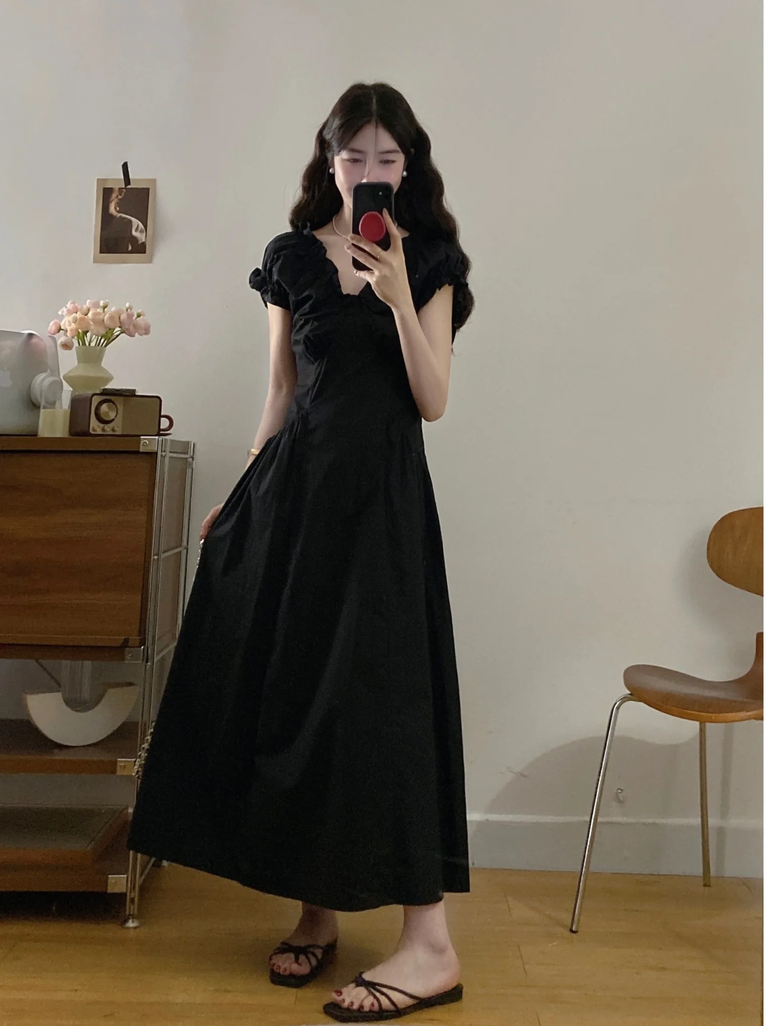 

plus Size Women's Bla V-Ne ort Sve A-Line Dr Summer New Waist-Cinching Concealing High Waist Midi Dr