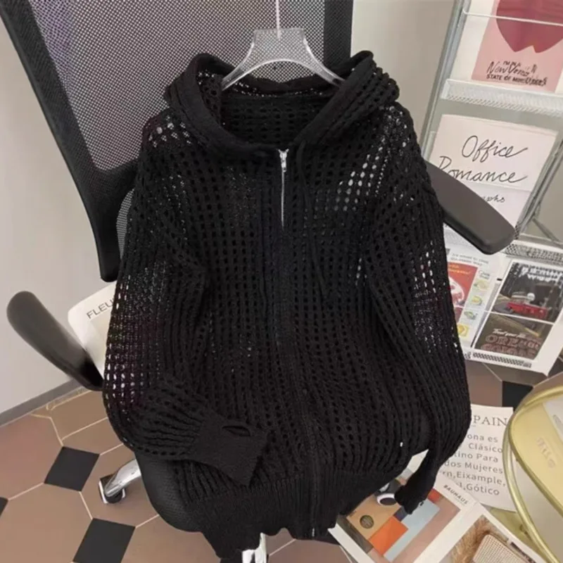 Korean Plaid Sweatshirt Hoodie Jacket Y2K Cardigan Women Spring Autumn Hollow Knit Sweater Ins Loose Coat Sweatshirt Hoodie New