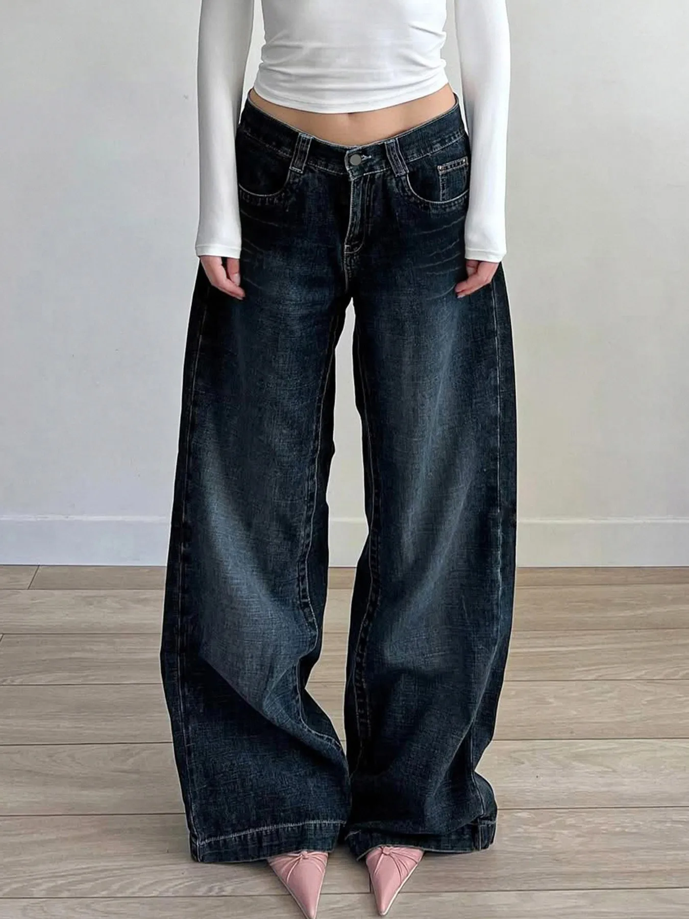 

Autumn Women's Clothing Baggy Asymmetrical Zipper High Waist Streetwear Jeans For Woman Denim Cotton Wide Leg Full Length