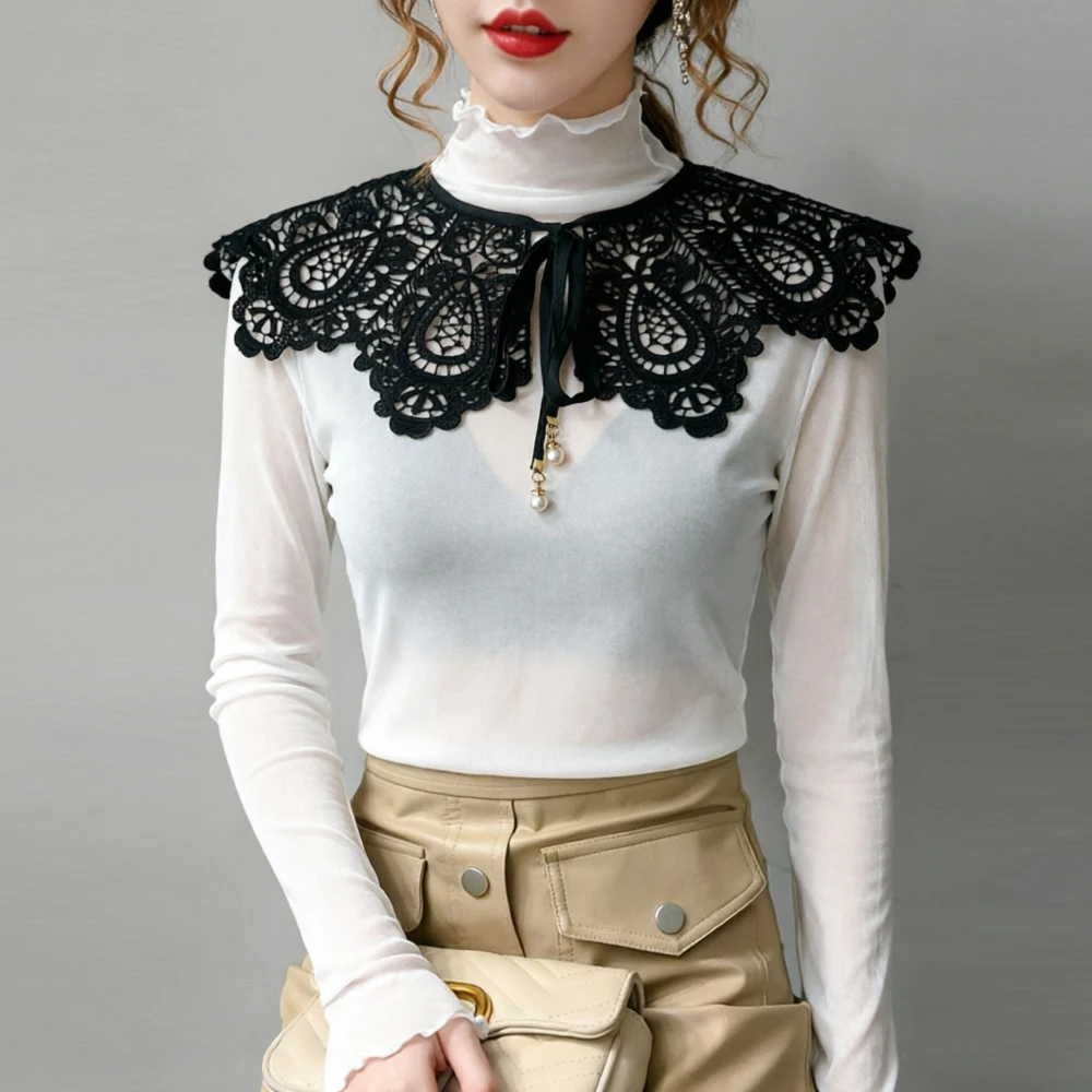 Women's Floral Lace Doll Collar Slim Stretch T Shirt Elastic Mesh Perspective Detachable Shirt False Collars Tops Clothing Women