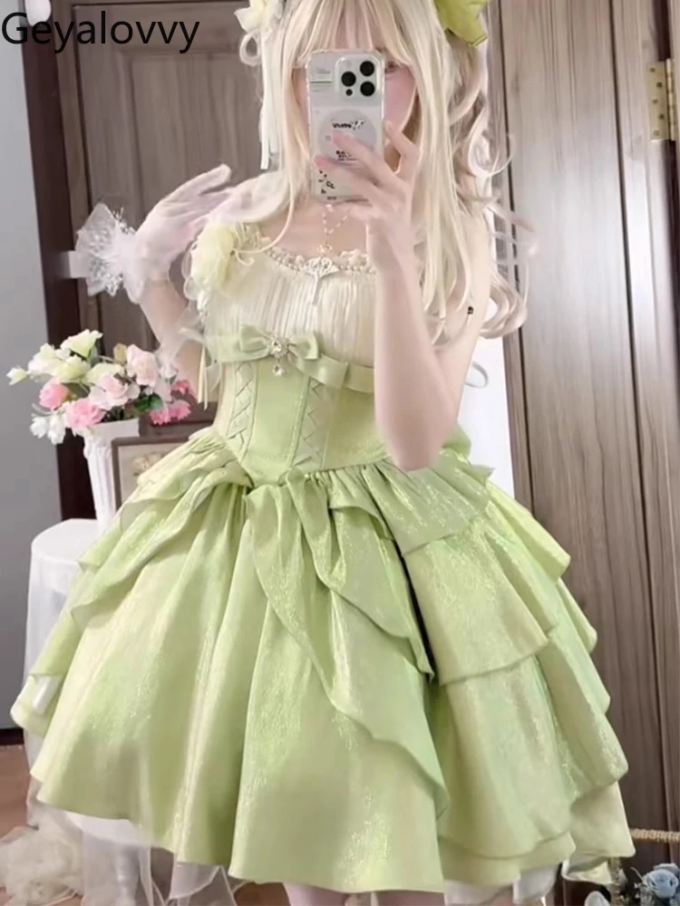 Jsk – robe de princesse verte sans manches, taille haute, nouvelle collection d'été, Lolita, mignonne et douce pour filles, avec nœud à volants, Slim, robes de fête d'anniversaire