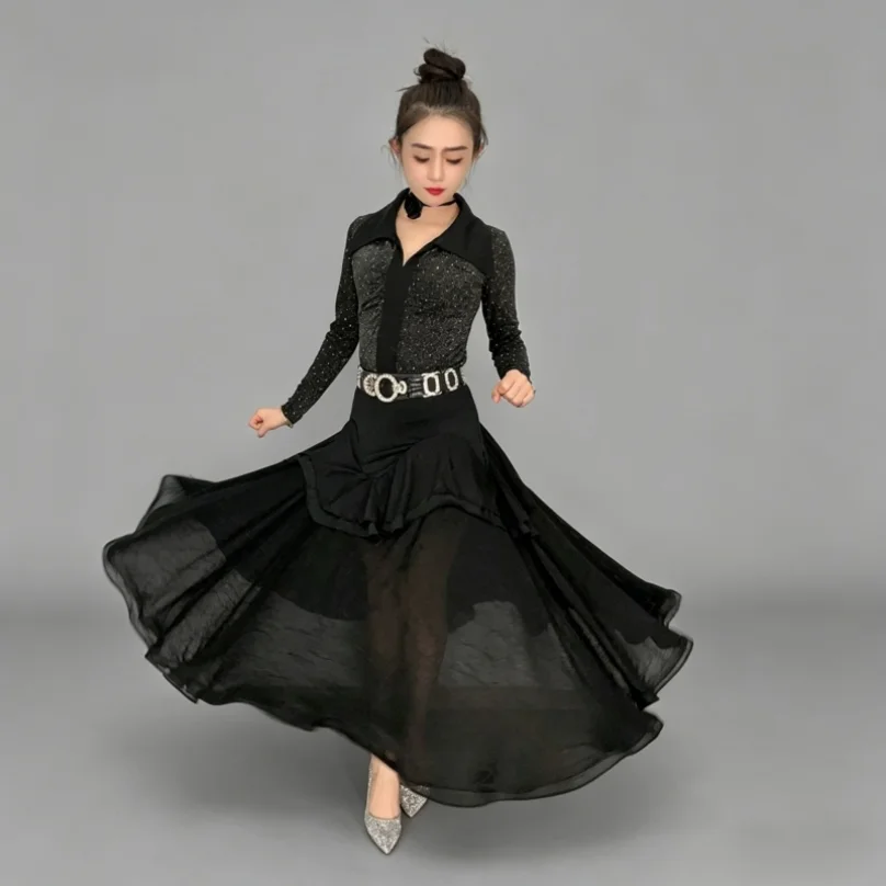 

Ballroom Dance Skirt Red Modern Dance Skirt Black Ruffled Modern Dance dress New Skirt Practice Women's Stage Dress