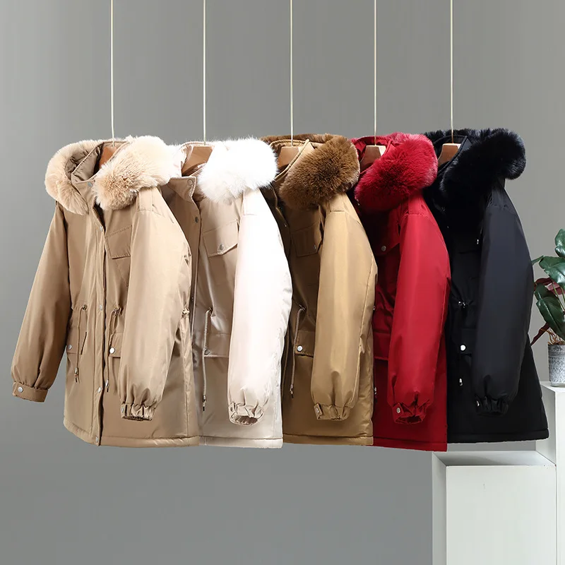 

Parkas Blue Womens Winter Puffer Fluffy Warm Hooded Anti-Cold Thicken Mid-Long Soft Fur-Collar Wadded Cotton-Padded Drawstring