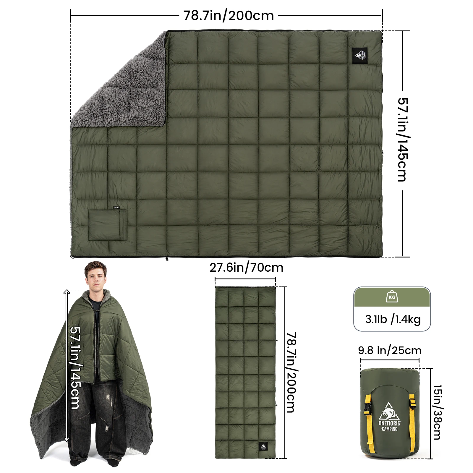 ONETIGRIS Campingdecke Tragbarer Poncho Schlafsack Wasserdicht Flammhemmend Warme Outdoor-Decke für kalte Winterwanderungen – Detail 6
