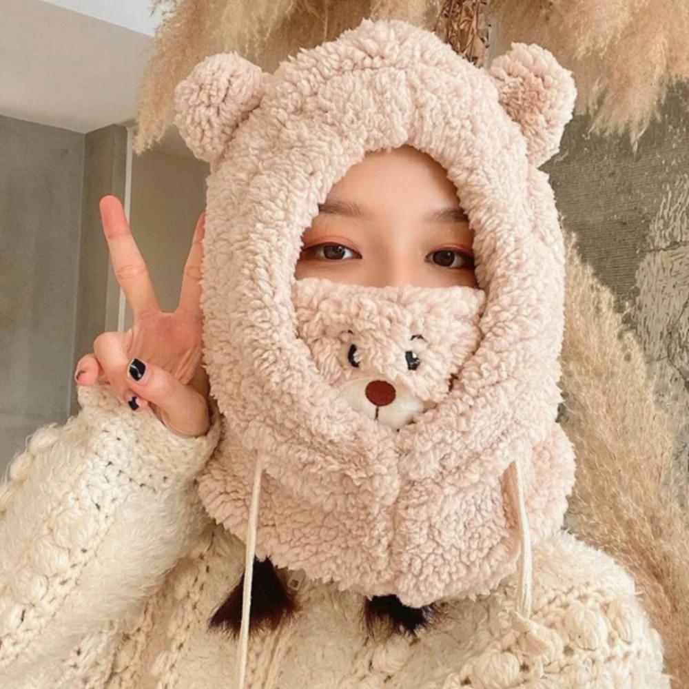 الدب القطيفة قبعة مريحة الشتاء الأذن غطاء رفرف وشاح قناع مجموعة لطيف بيني قبعة لفصل الشتاء التزلج الطقس البارد #1