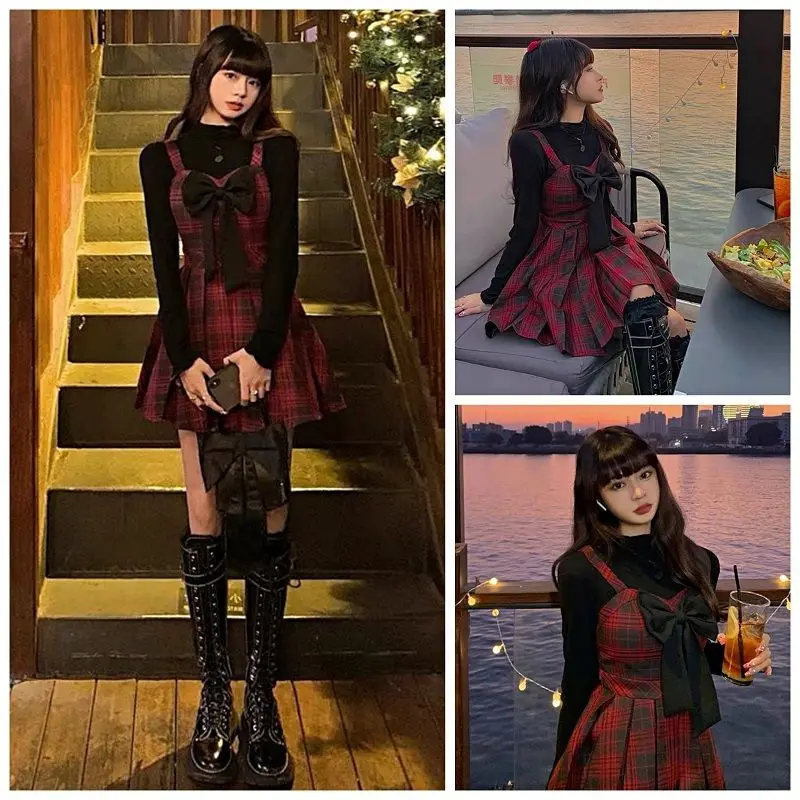 Coalfell French Vintage Red Plaid Long Sleeved Dress Women Spring and Autumn New Elegant Temperament Style Unique Design Dresses